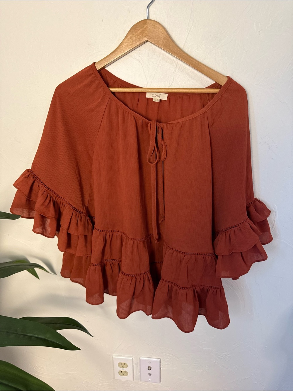 ODDI Rust Ruffle Boho Blouse Top — Size S/M - Picture 2 of 4